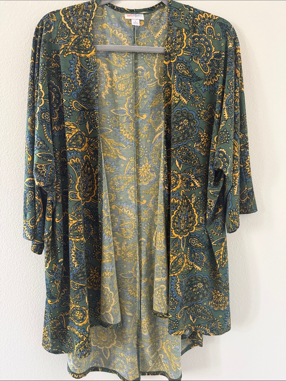 LuLaRoe Green and Mustard Paisley Open Cardigan